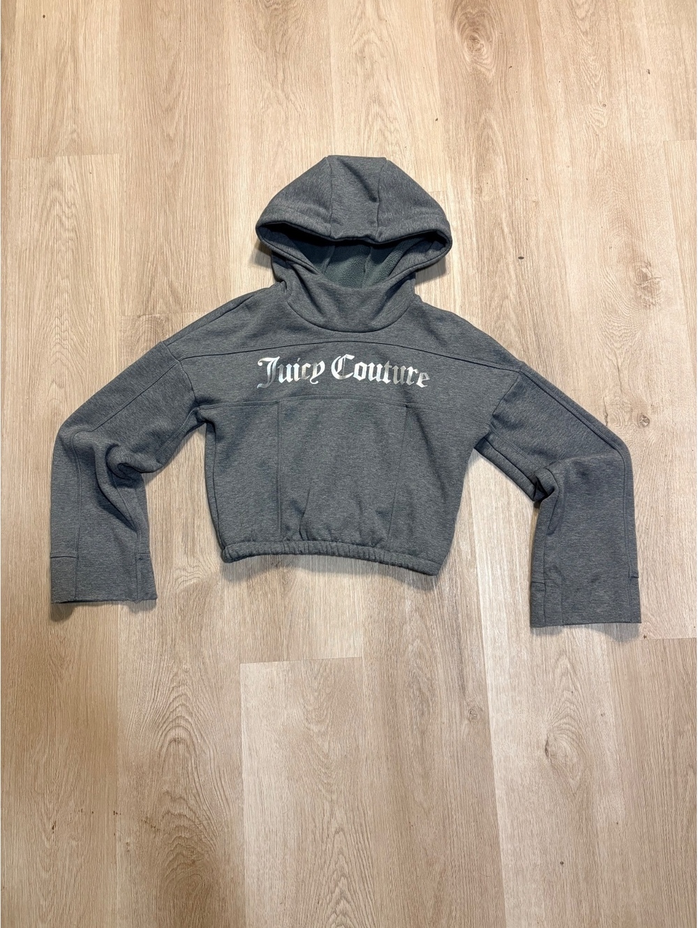 Juicy Couture Grey Cropped Hoodie Womens Size XS w/ Baggy Sleeves McBling Y2K